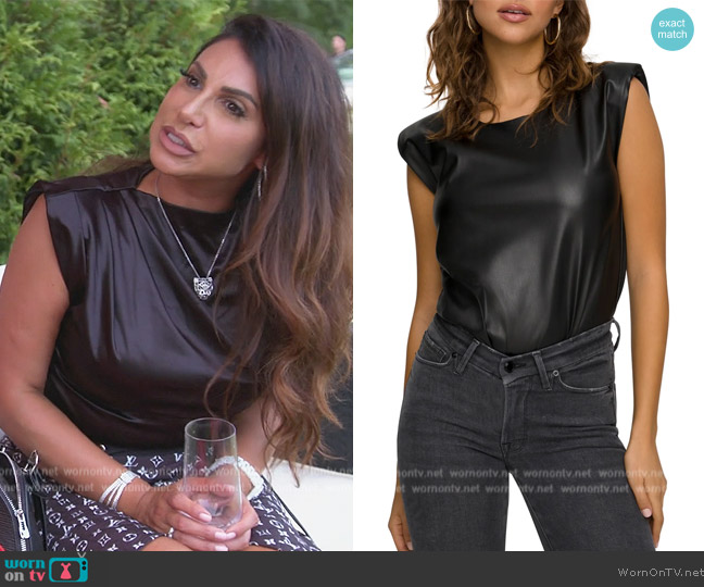 Good American Strong-Shoulder Faux-Leather Bodysuit worn by Jennifer Aydin on The Real Housewives of New Jersey