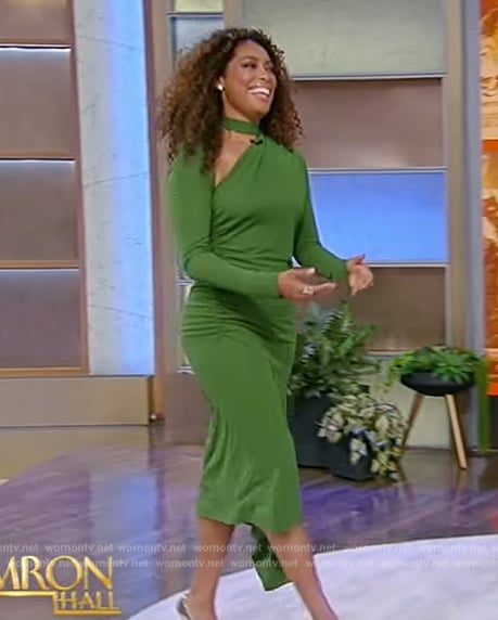 Gina Torres’ green asymmetric slash neck dress on Tamron Hall Show