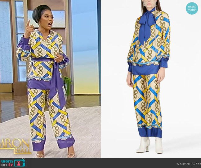 Gucci Horsebit-print long-sleeve silk shirt worn by Tamron Hall on Tamron Hall Show