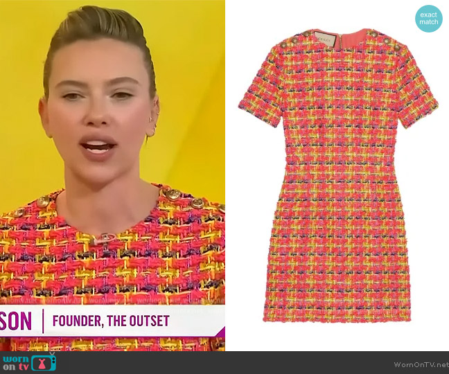 Gucci Lame Tweed Minidress worn by Scarlett Johansson on Access Hollywood