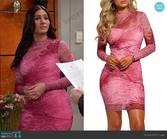 Guess Jemma Print Mesh Long Sleeve Body-Con Minidress worn by Gabi Hernandez (Camila Banus) on Days of our Lives