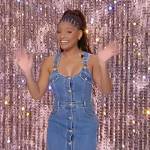 Halle Bailey’s denim button down dress on Tamron Hall Show