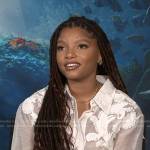 Halle Bailey’s white embroidered sheer blouse on E! News