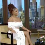 Halle Bailey’s white mules on Live with Kelly and Mark