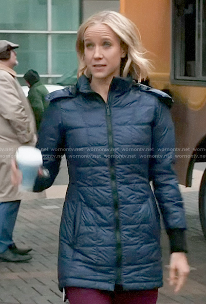 Hannah's blue quilted jacket on Chicago Med