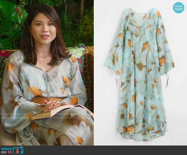 H&M Voluminous Lyocell-blend Dress in Sage Green Floral worn by Julia Beryl Thiel (Lauren Gaw) on Fantasy Island