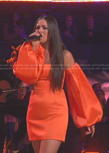 Holly Brand’s orange off-shoulder mini dress on The Voice