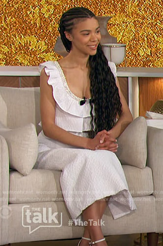 India Amarteifio's white ruffle top and skirt on The Talk