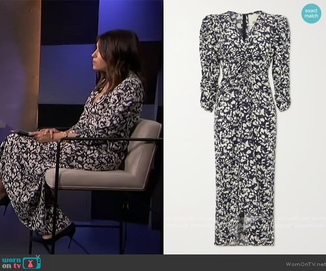 Isabel Marant Albini gathered printed silk-blend midi dress worn by Camille Vasquez on Access Hollywood