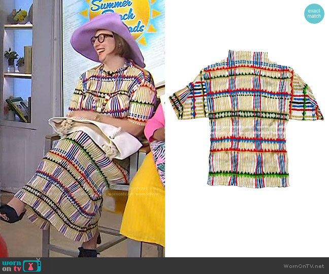 Pleats Please Issei Miyake Check blouse worn by Emma Straub on Today