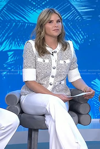 Jenna’s knit short sleeve cardigan and white flare pants on Today