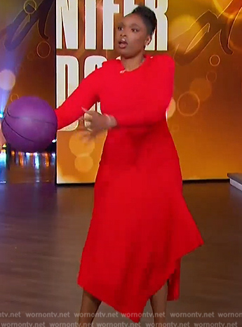 Jennifer's red asymmetric dress on The Jennifer Hudson Show