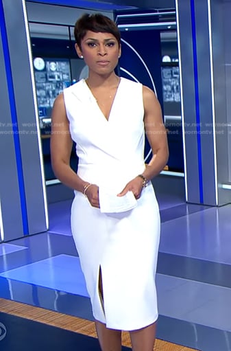 Jericka’s white sleeveless surplice dress on CBS Evening News