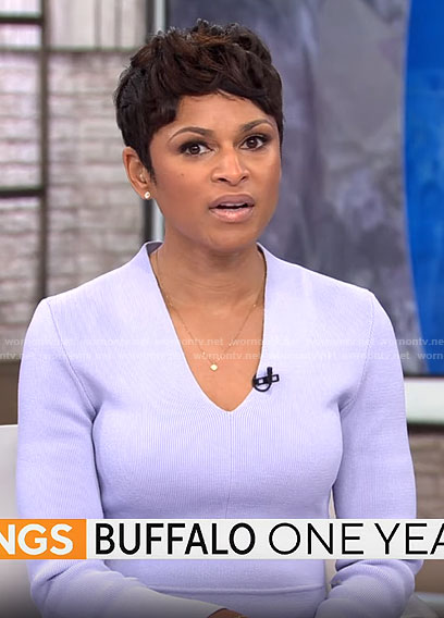 Jericka Duncan’s lilac v-neck dress on CBS Mornings