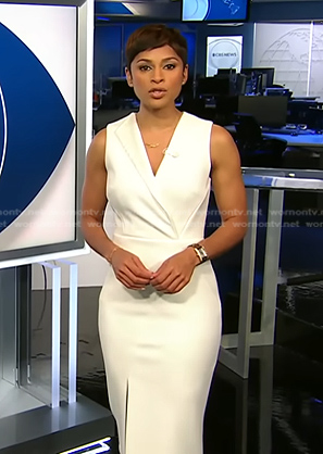Jericka's white sleeveless surplice dress on CBS Evening News