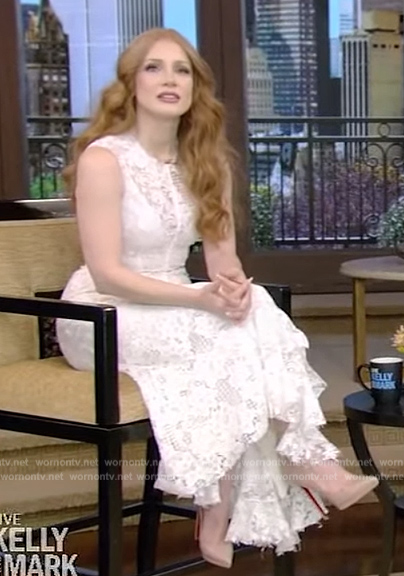 Jessica Chastain's white lace sleeveless dress on Live with Kelly and Mark