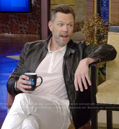 Joel McHale’s black leather jacket on Live with Kelly and Mark