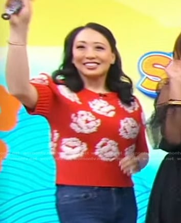 Judy Joo's red floral embroidered sweater on Good Morning America