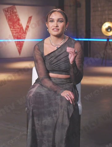 Kala Banham’s tie dye ruched top and skirt on The Voice