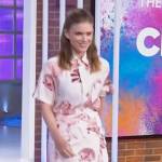 Kate Mara’s white animal print top and skirt on The Kelly Clarkson Show