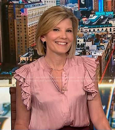 Kate Snow's pink ruffle sleeve top on NBC News Daily