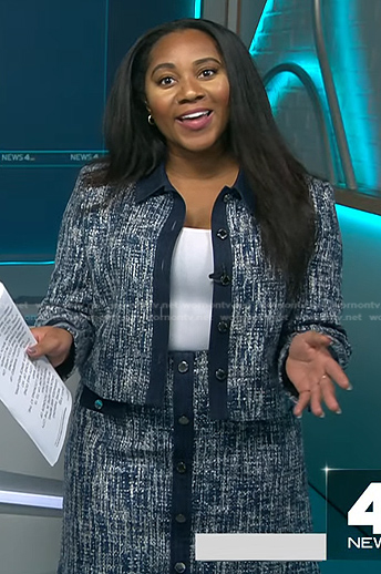 Kay Angrum’s blue tweed jacket and skirt on NBC News Daily