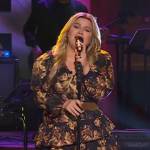 Kelly’s black floral print mini dress on The Kelly Clarkson Show