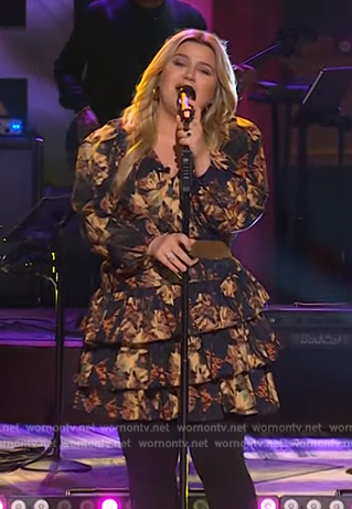 Kelly's black floral print mini dress on The Kelly Clarkson Show