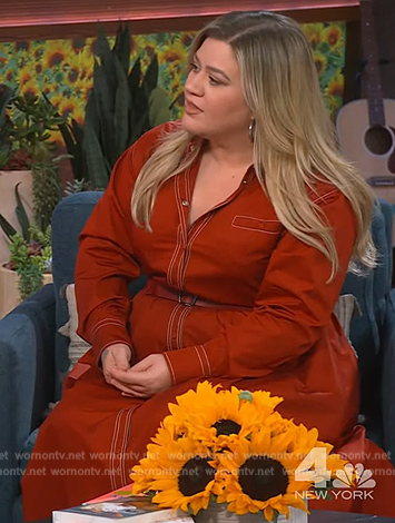 Kelly's red contrast stitch shirtdress on The Kelly Clarkson Show