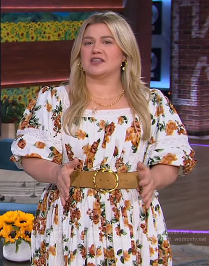 Kelly's floral print lace inset dress on The Kelly Clarkson Show