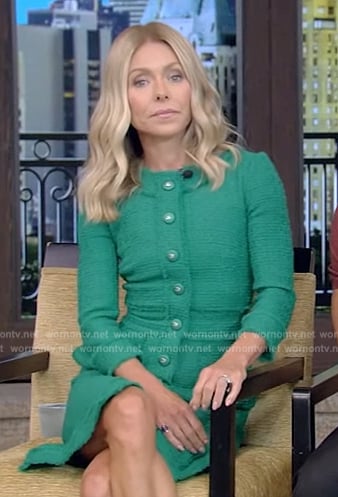 Kelly’s green tweed button down dress on Live with Kelly and Mark