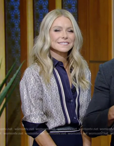 Kelly’s printed blouse and skirt on Live with Kelly and Mark