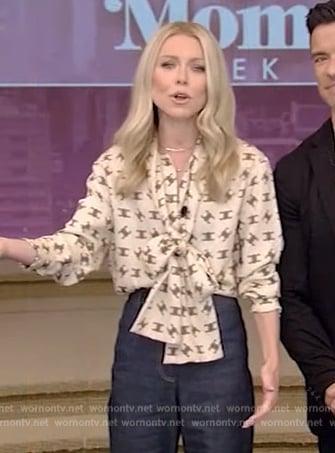 Kelly’s printed tie neck blouse on Live with Kelly and Mark