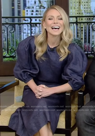 Kelly’s blue balloon sleeve dress on Live with Kelly and Ryan