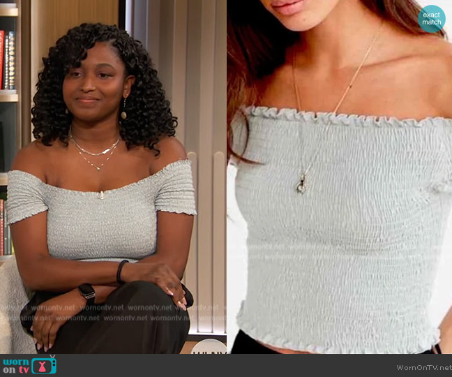 Kimchi Blue off the Shoulder Smocked Crop Top worn by Bernice Langyintuo on The Drew Barrymore Show