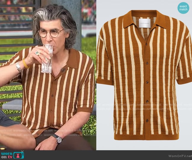 King and Tuckfield Striped virgin wool bowling shirt worn by James Lance on Access Hollywood