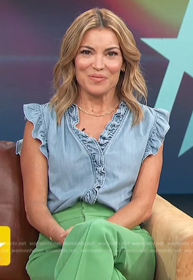 Kit's blue ruffle trim chambray top on Access Hollywood
