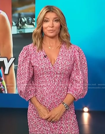 Kit’s pink floral print ruched dress on Access Hollywood