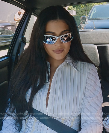 Kylie's striped lace-up detail blouse on The Kardashians