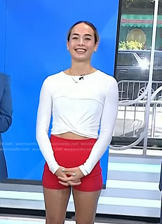 Dr. LA Thoma Gustin’s white cropped top and red biker shorts on Today