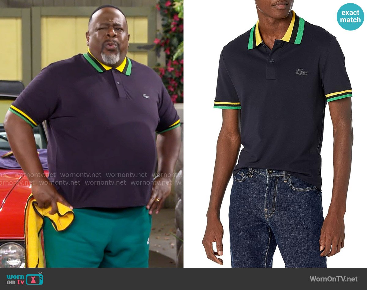 Lacoste Semi-Fancy Slim Fit Polo in Abysm/Broom-Black-Malachite worn by Calvin (Cedric The Entertainer) on The Neighborhood