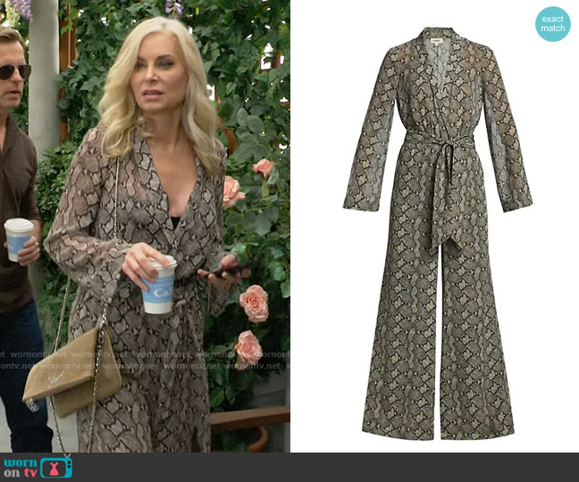 L'Agence Echo Belted Snakeskin-Print Jumpsuit worn by Ashley Abbott (Eileen Davidson) on The Young and the Restless