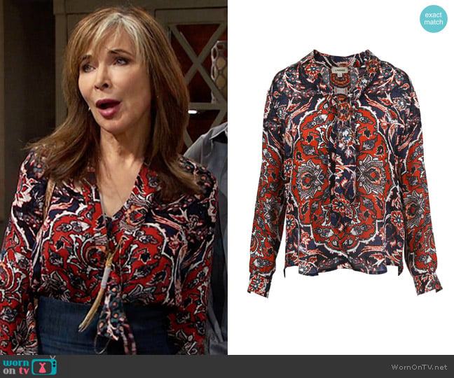 L'Agence Giselle Black Multicolor Print Silk Blouse worn by Kate Roberts (Lauren Koslow) on Days of our Lives