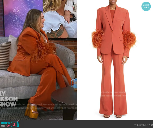 Lapointe Ostrich Feather Trim Matte Crepe Blazer worn by Elle King on The Kelly Clarkson Show