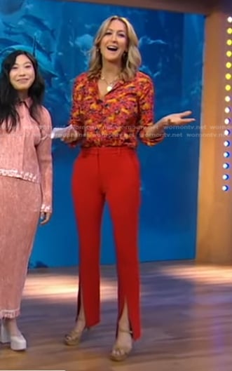 Lara’s red animal print shirt and slit pants on Good Morning America