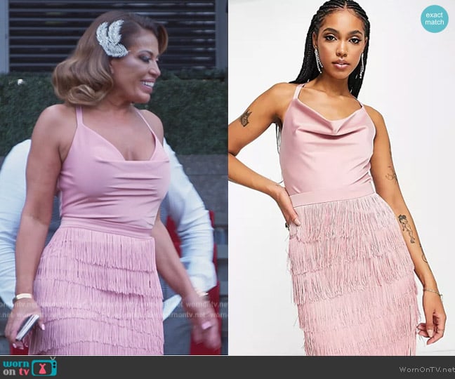 Lavish Alice Satin and Fringe Dress worn by Dolores Catania on The Real Housewives of New Jersey