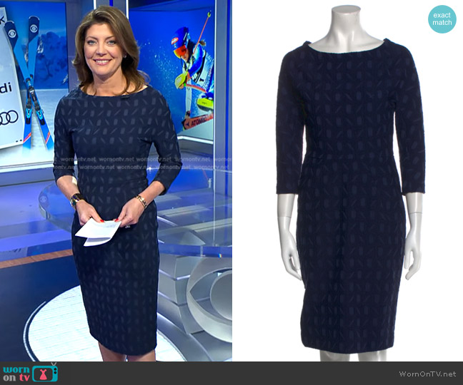 Lela Rose Geometric-Jacquard Sheath Dress worn by Norah O'Donnell on CBS Evening News