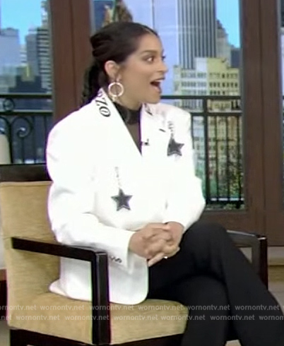 Lilly Singh’s white star print blazer on Live with Kelly and Mark