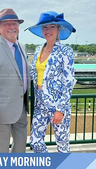 Lindsay Czarniak’s white and blue printed blazer and pants on Today