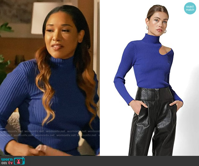 Iris’s blue sweater with shoulder cutout on The Flash